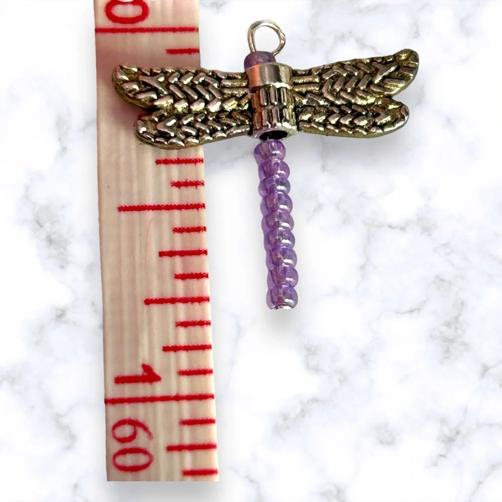 Hand Crafted Earrings Dragonfly Purple Dangle Silver Pierced Long Handmade